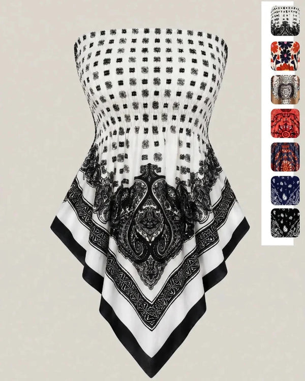 Boho-Chic Plus-Size Ethnic Print Tube Top with Asymmetric Hem