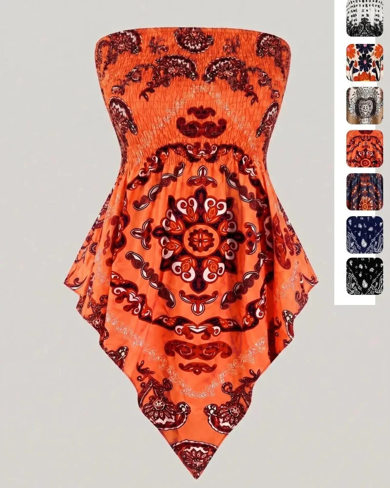 Boho-Chic Plus-Size Ethnic Print Tube Top with Asymmetric Hem