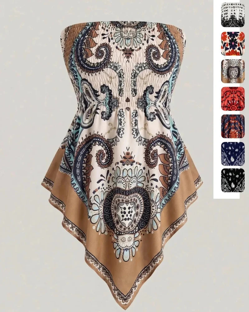 Boho-Chic Plus-Size Ethnic Print Tube Top with Asymmetric Hem