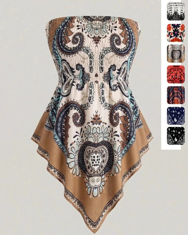 Boho-Chic Plus-Size Ethnic Print Tube Top with Asymmetric Hem