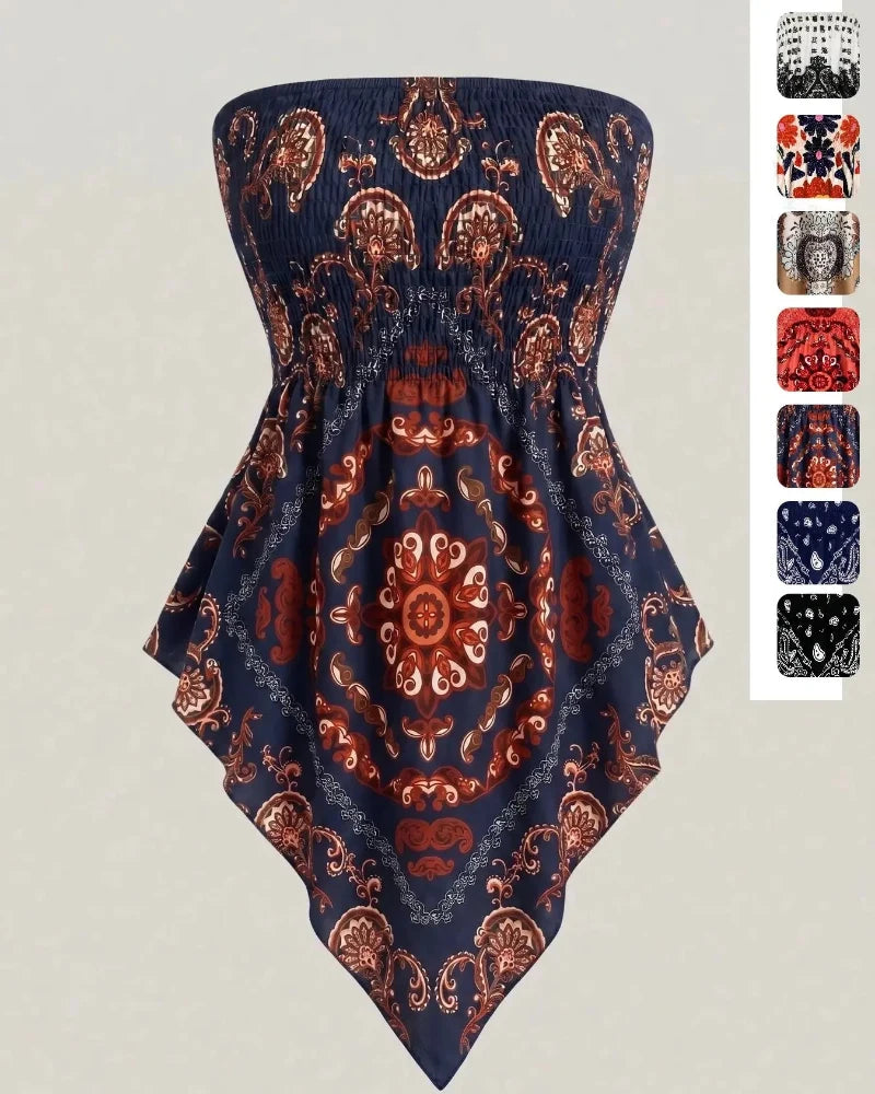 Boho-Chic Plus-Size Ethnic Print Tube Top with Asymmetric Hem