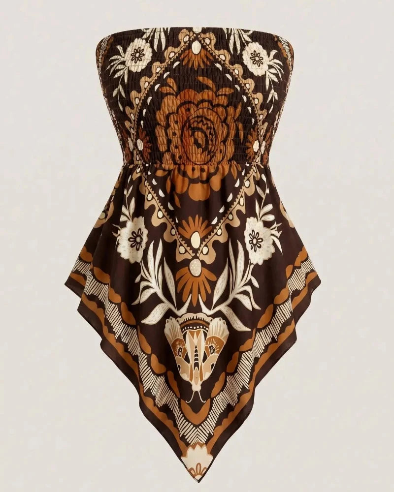 Boho-Chic Plus-Size Ethnic Print Tube Top with Asymmetric Hem