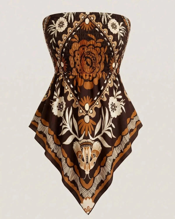 Boho-Chic Plus-Size Ethnic Print Tube Top with Asymmetric Hem