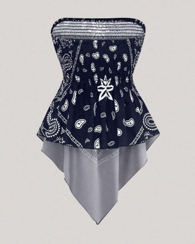 Boho-Chic Plus-Size Ethnic Print Tube Top with Asymmetric Hem