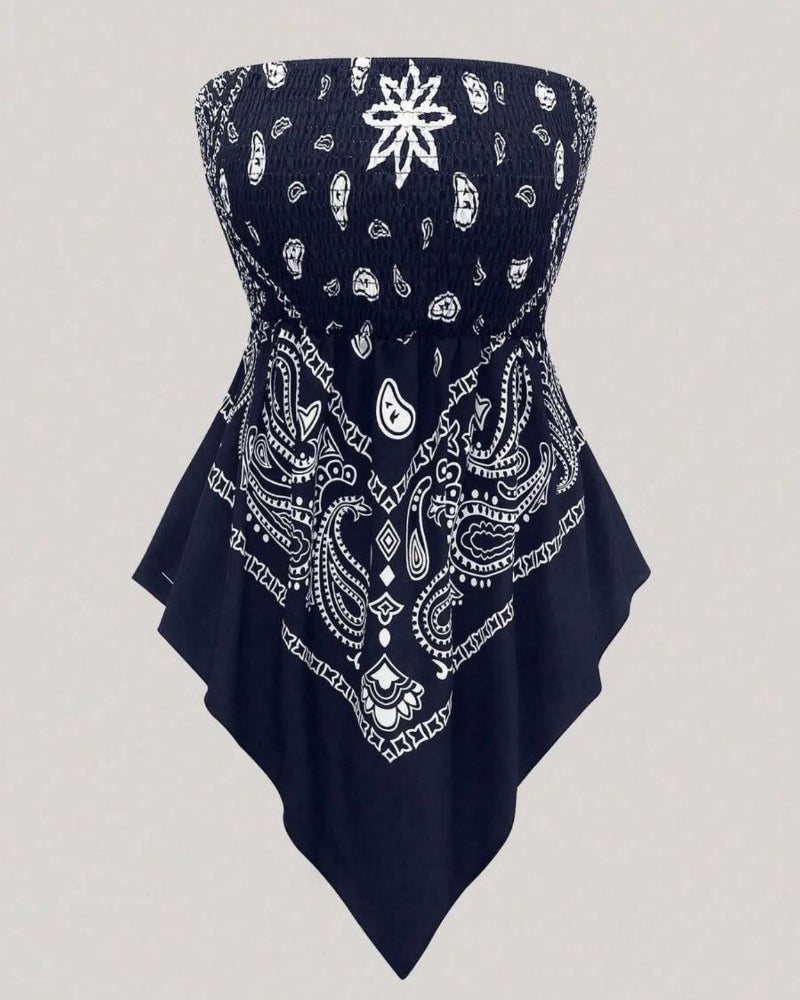 Boho-Chic Plus-Size Ethnic Print Tube Top with Asymmetric Hem
