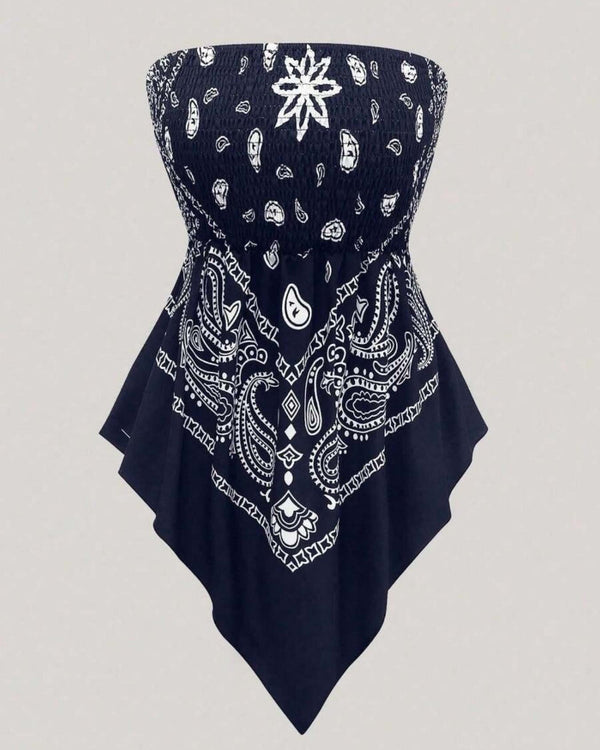 Boho-Chic Plus-Size Ethnic Print Tube Top with Asymmetric Hem