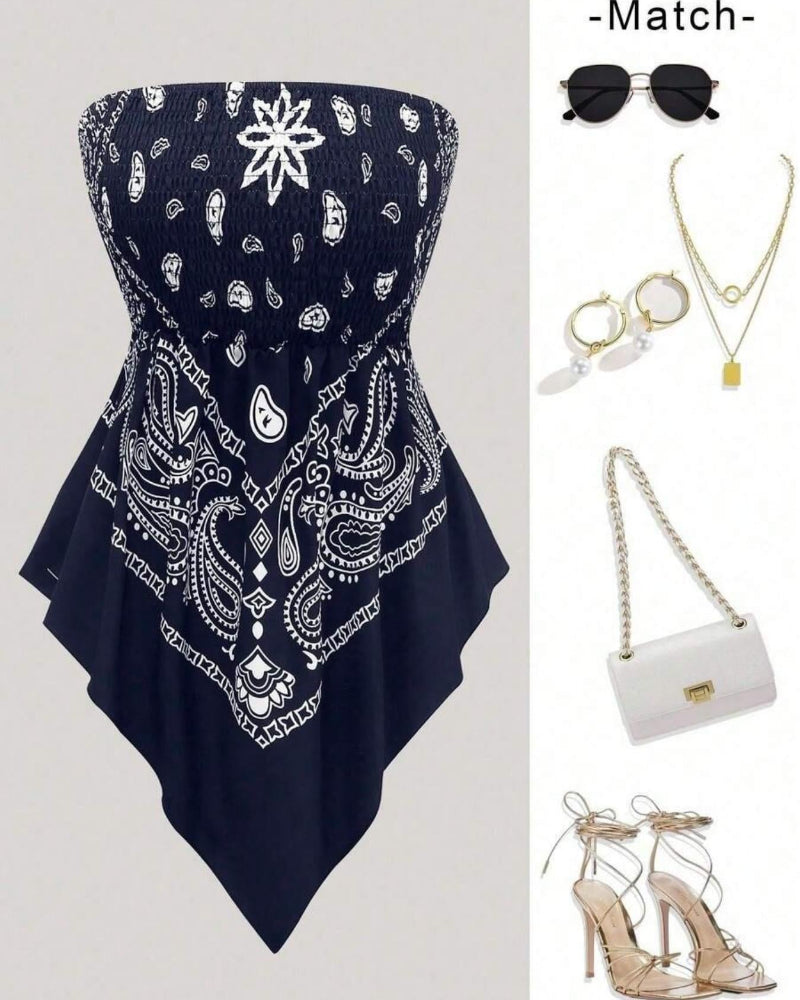 Boho-Chic Plus-Size Ethnic Print Tube Top with Asymmetric Hem