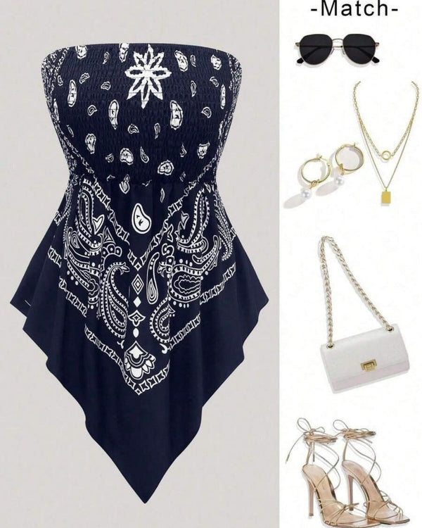 Boho-Chic Plus-Size Ethnic Print Tube Top with Asymmetric Hem