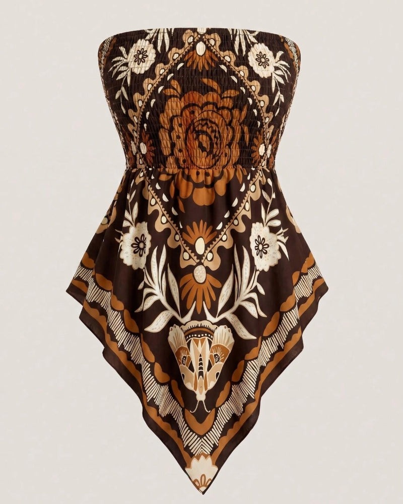 Boho-Chic Plus-Size Ethnic Print Tube Top with Asymmetric Hem