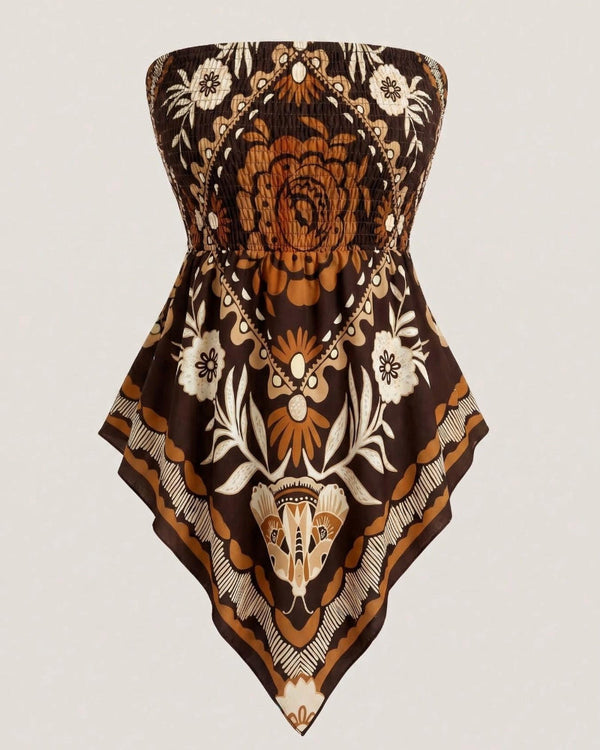 Boho-Chic Plus-Size Ethnic Print Tube Top with Asymmetric Hem