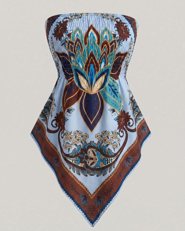 Boho-Chic Plus-Size Ethnic Print Tube Top with Asymmetric Hem