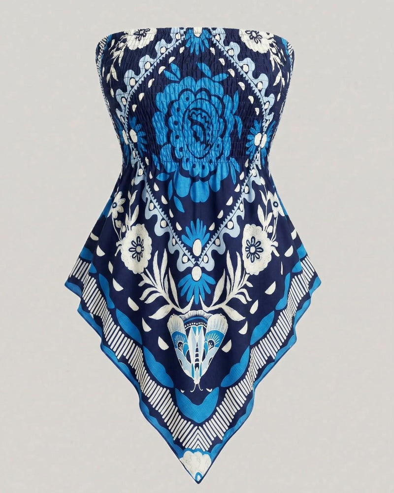 Boho-Chic Plus-Size Ethnic Print Tube Top with Asymmetric Hem