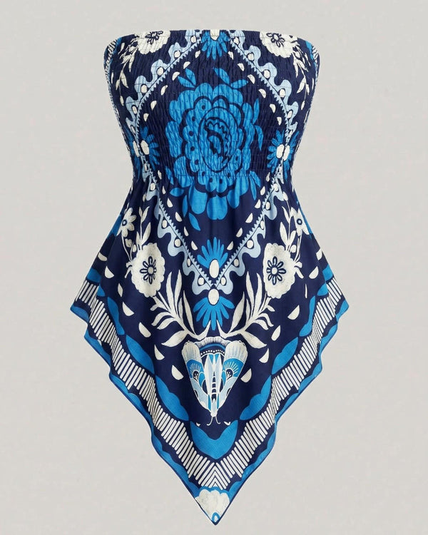 Boho-Chic Plus-Size Ethnic Print Tube Top with Asymmetric Hem
