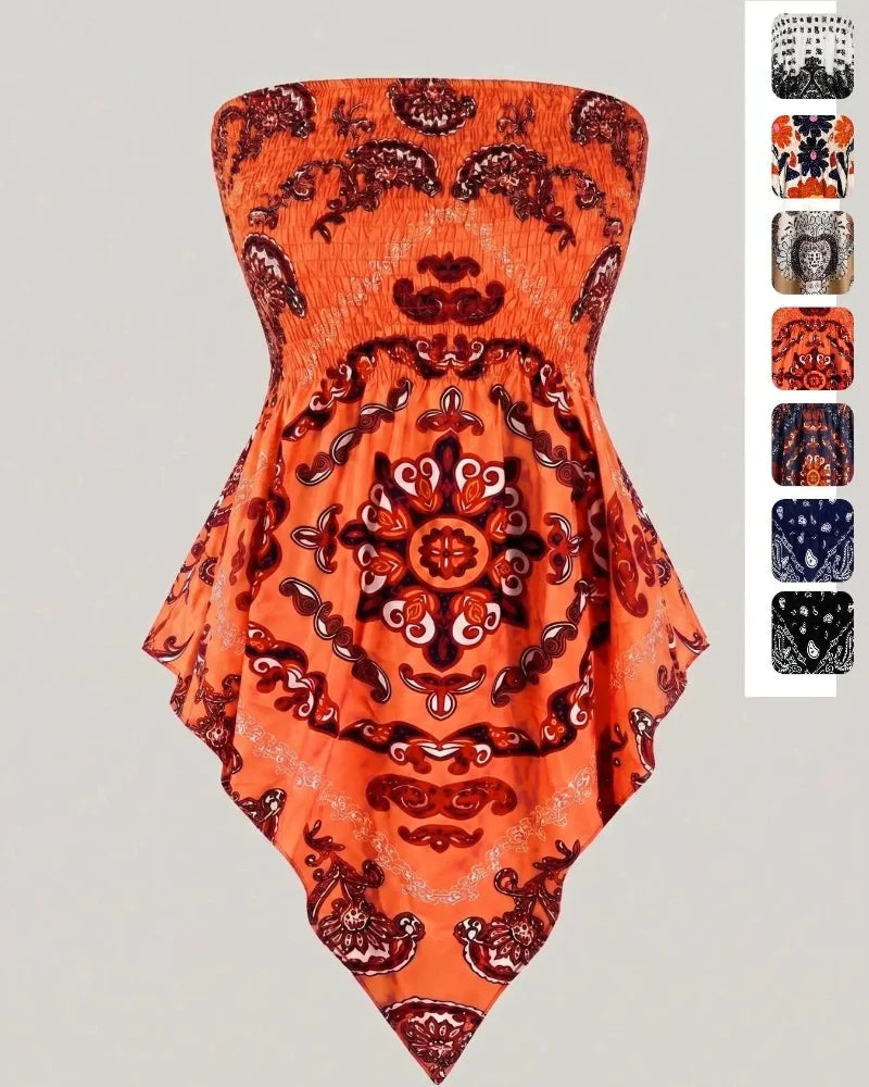 Boho-Chic Plus-Size Ethnic Print Tube Top with Asymmetric Hem