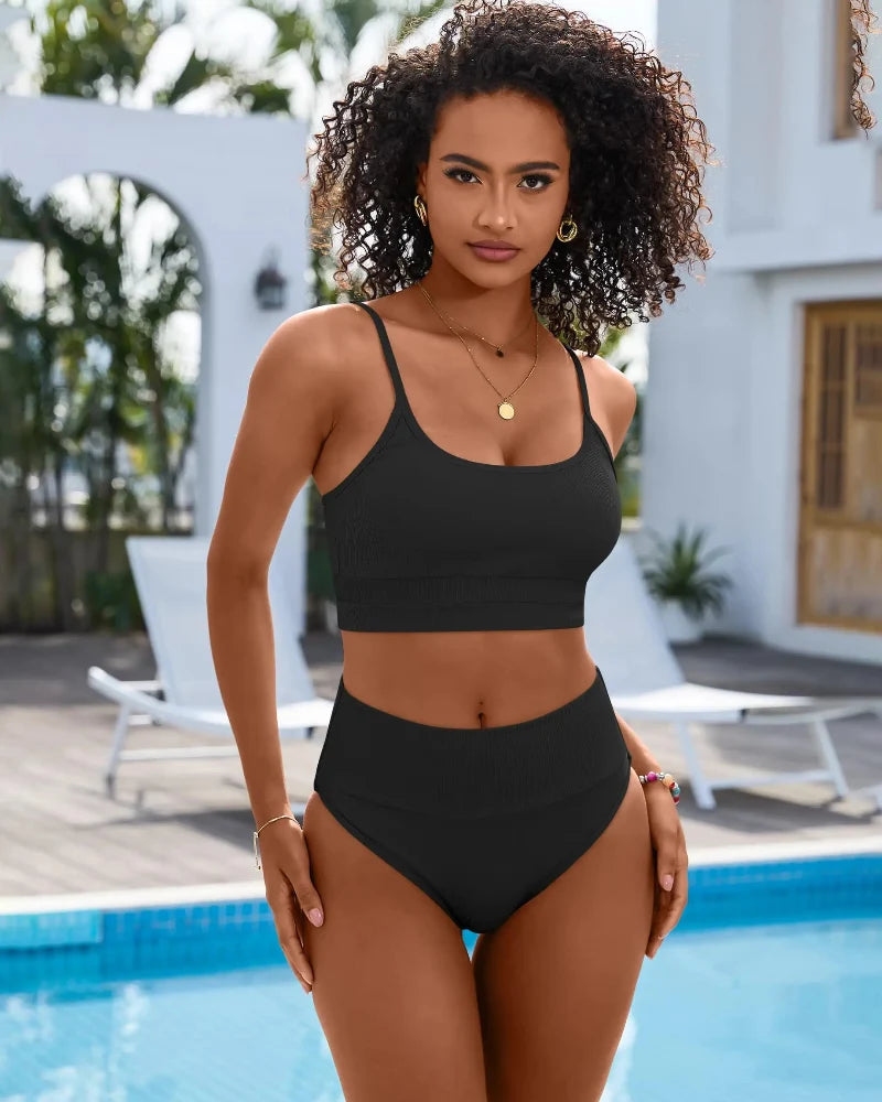 Figure-Flattering High-Waist Color-Block Bikini Set with Built-In Tummy Control