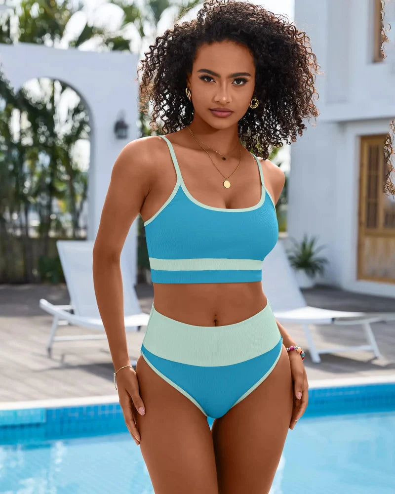 Figure-Flattering High-Waist Color-Block Bikini Set with Built-In Tummy Control