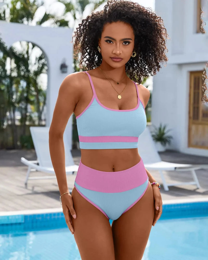 Figure-Flattering High-Waist Color-Block Bikini Set with Built-In Tummy Control
