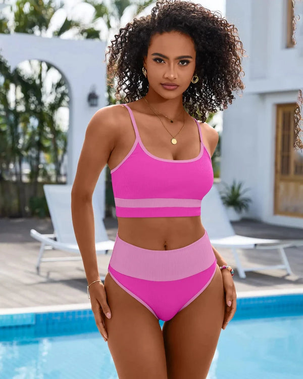 Figure-Flattering High-Waist Color-Block Bikini Set with Built-In Tummy Control