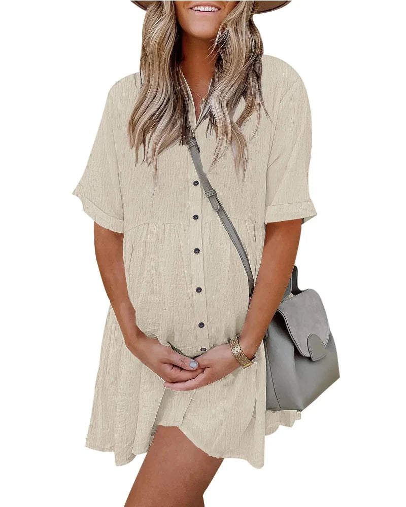 Textured Button-Down Flowing Mini Dress with Practical Pockets