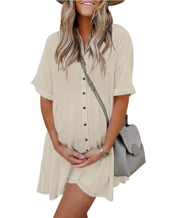 Textured Button-Down Flowing Mini Dress with Practical Pockets