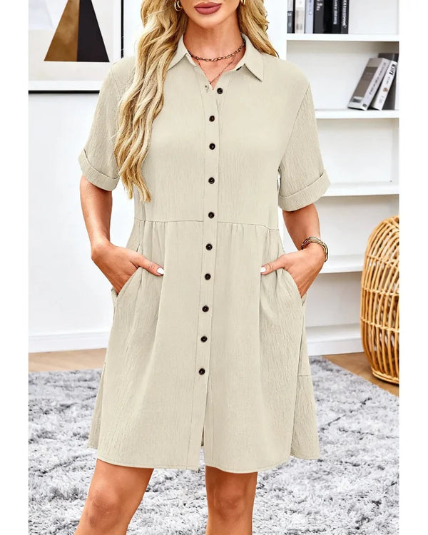 Textured Button-Down Flowing Mini Dress with Practical Pockets