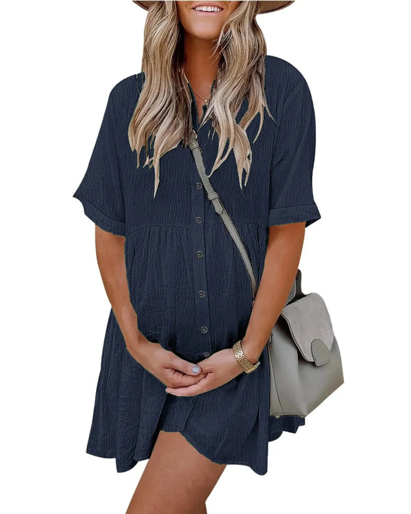 Textured Button-Down Flowing Mini Dress with Practical Pockets