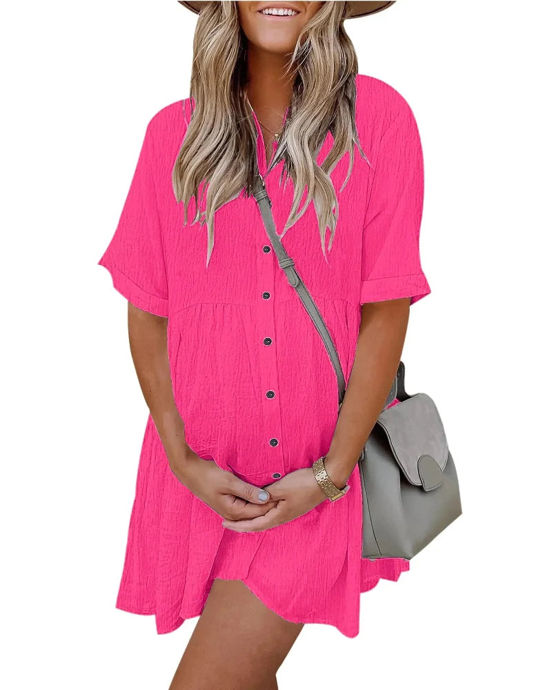 Textured Button-Down Flowing Mini Dress with Practical Pockets