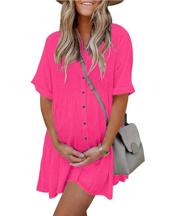 Textured Button-Down Flowing Mini Dress with Practical Pockets