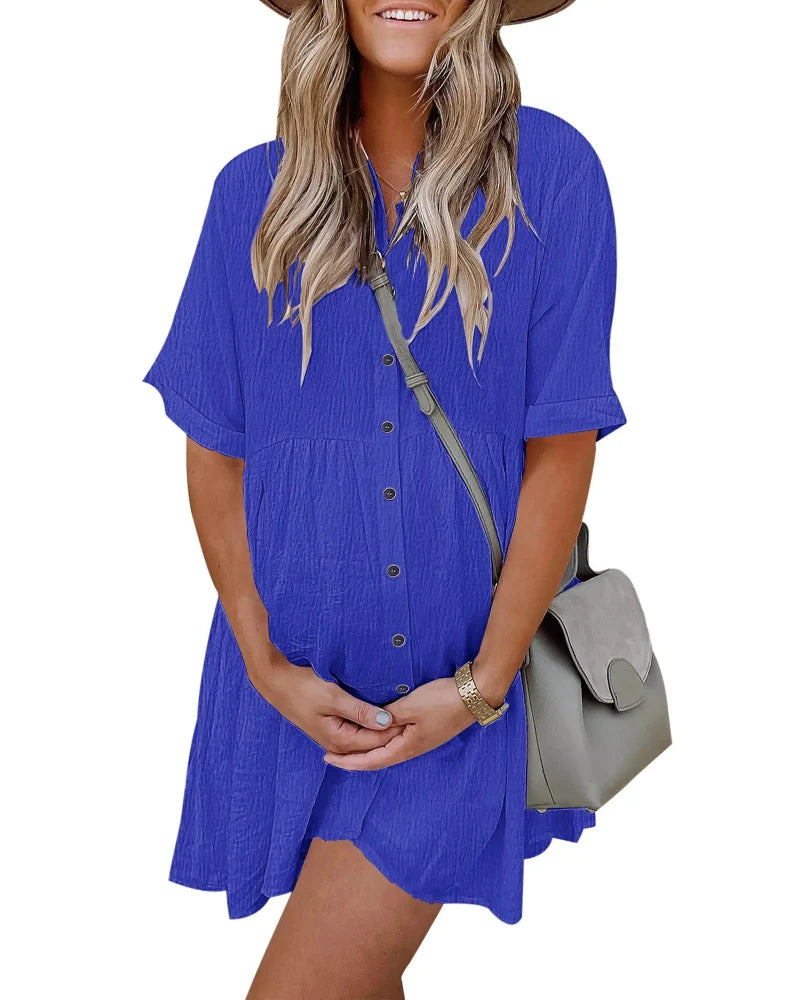 Textured Button-Down Flowing Mini Dress with Practical Pockets