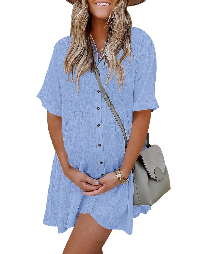 Textured Button-Down Flowing Mini Dress with Practical Pockets