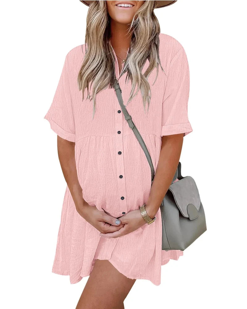 Textured Button-Down Flowing Mini Dress with Practical Pockets