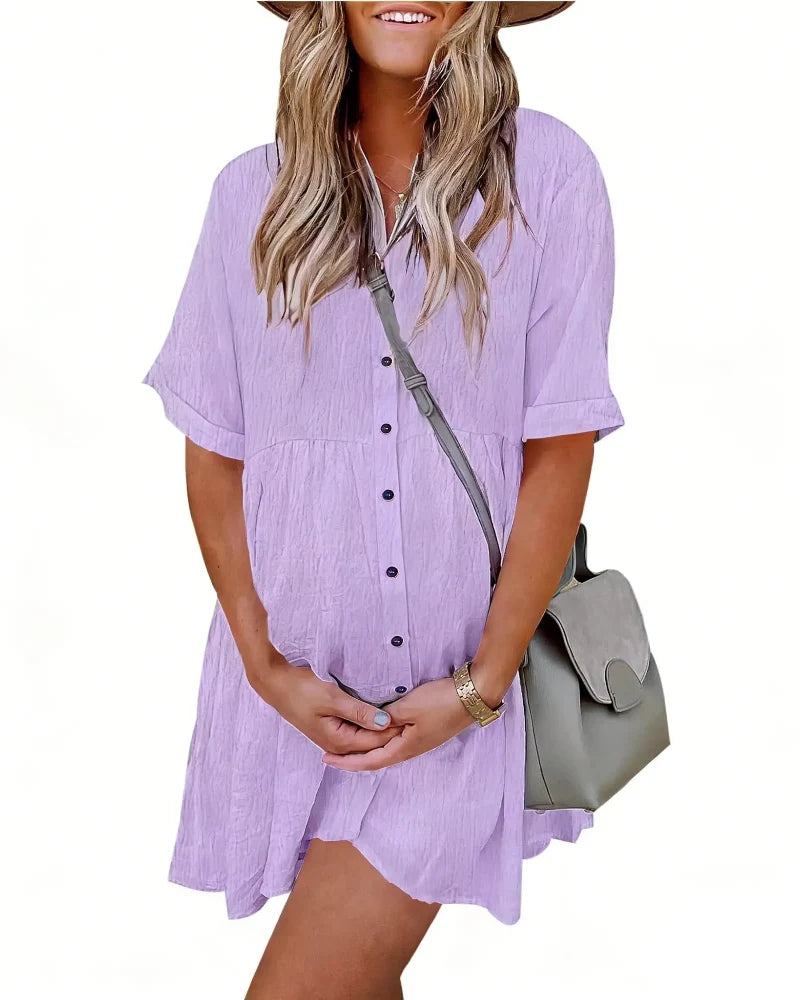 Textured Button-Down Flowing Mini Dress with Practical Pockets
