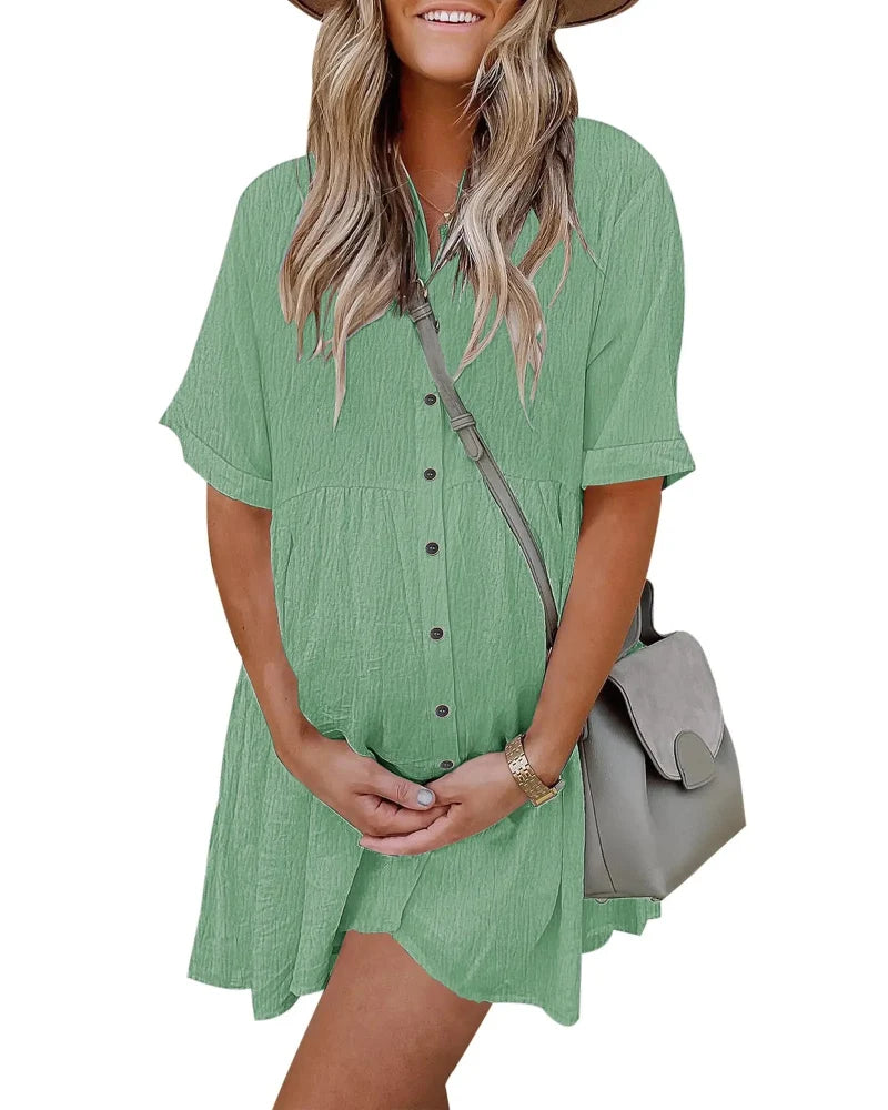 Textured Button-Down Flowing Mini Dress with Practical Pockets