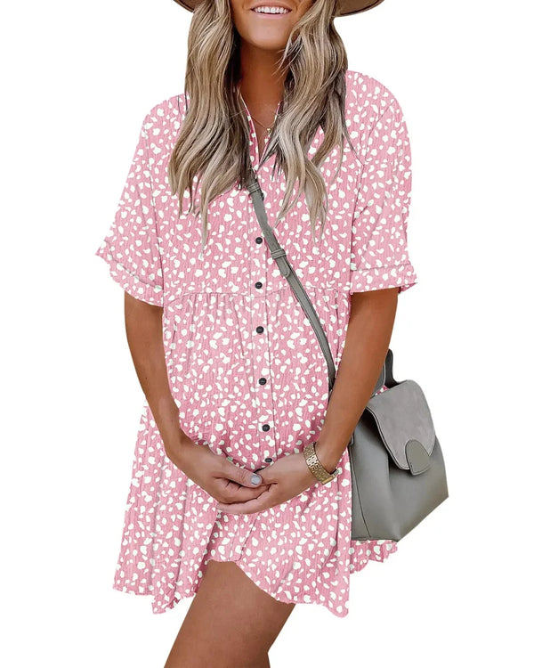 Textured Button-Down Flowing Mini Dress with Practical Pockets