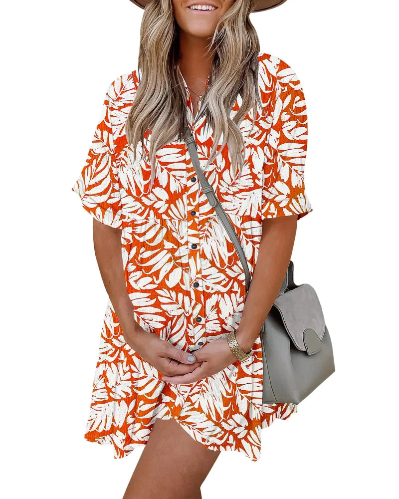 Textured Button-Down Flowing Mini Dress with Practical Pockets