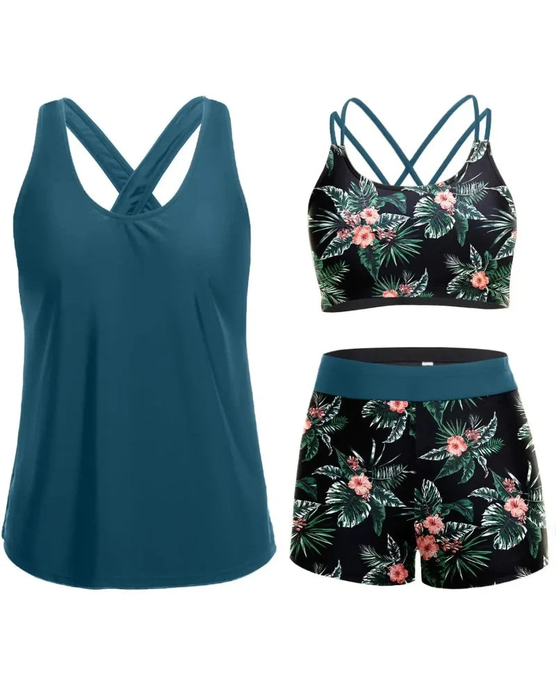 Flattering 3-Piece Tummy-Control Tankini Swimwear Set