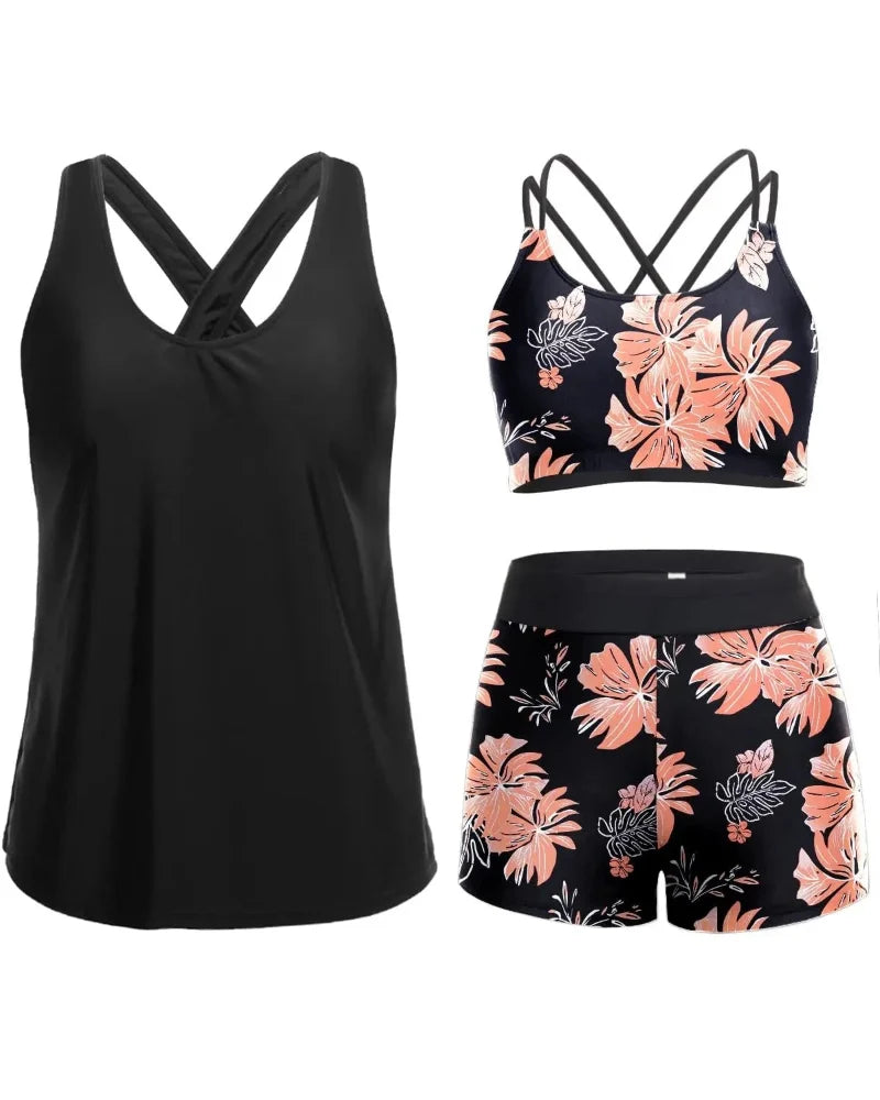 Flattering 3-Piece Tummy-Control Tankini Swimwear Set