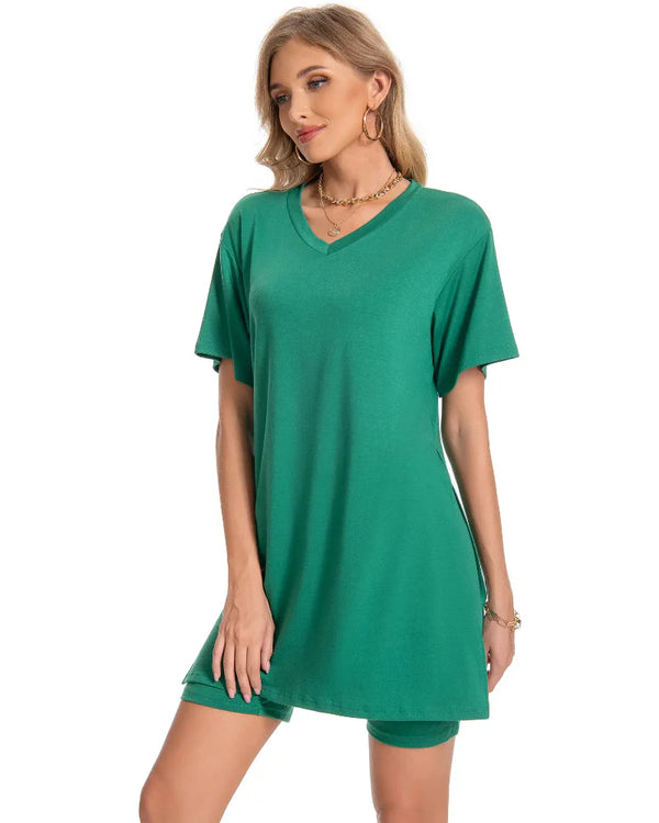 Women's Summer Lounge Set: Oversized Tee & Reversible Biker Shorts Tracksuit
