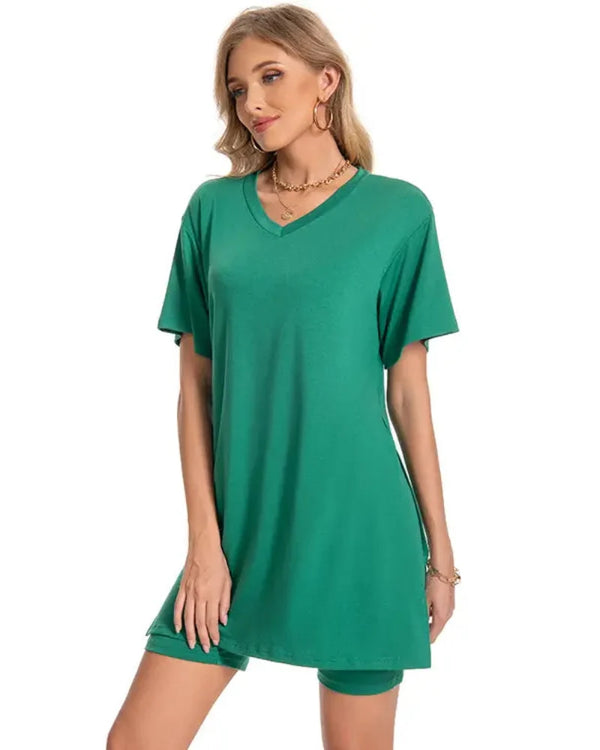 Women's Summer Lounge Set: Oversized Tee & Reversible Biker Shorts Tracksuit
