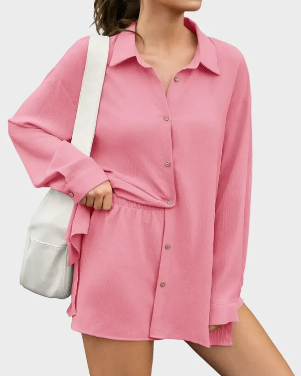 Women's Gauze Shirt & Shorts Set - 2-in-1 Oversized Beach Cover-Up Outfit