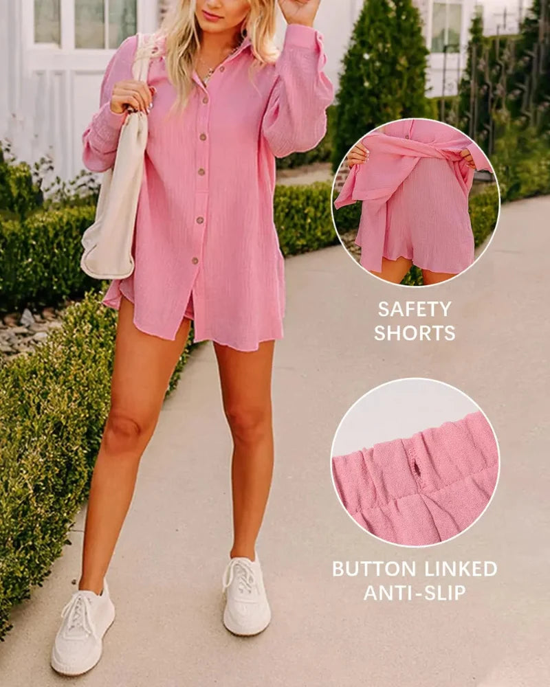 Women's Gauze Shirt & Shorts Set - 2-in-1 Oversized Beach Cover-Up Outfit