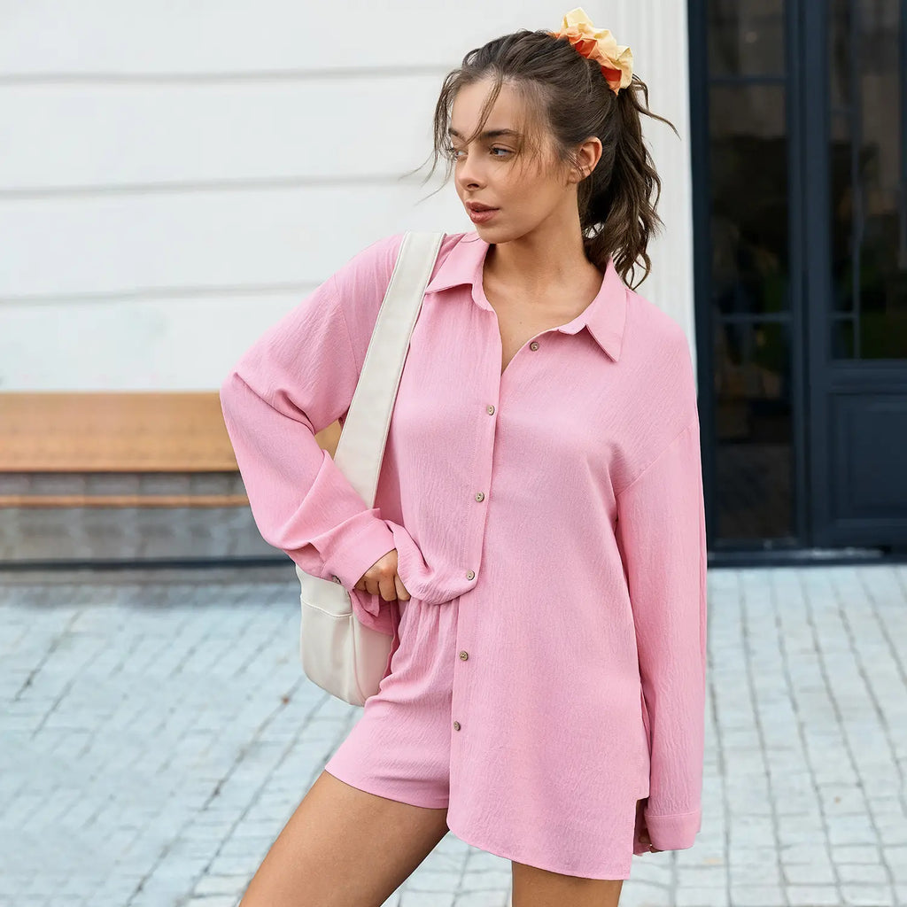 Women's Gauze Shirt & Shorts Set - 2-in-1 Oversized Beach Cover-Up Outfit