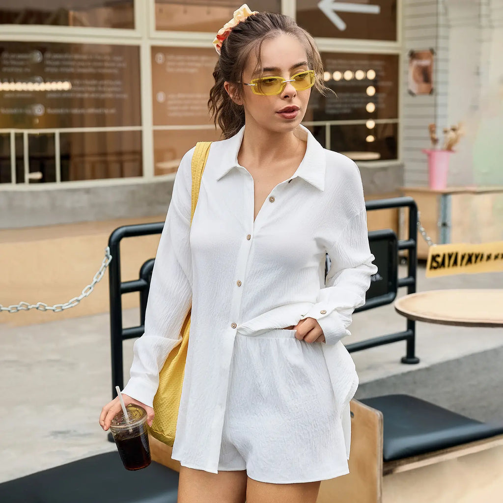 Women's Gauze Shirt & Shorts Set - 2-in-1 Oversized Beach Cover-Up Outfit