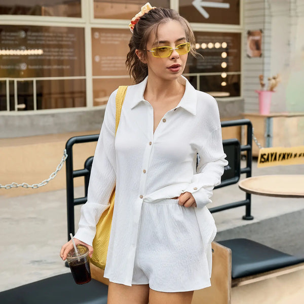 Women's Gauze Shirt & Shorts Set - 2-in-1 Oversized Beach Cover-Up Outfit