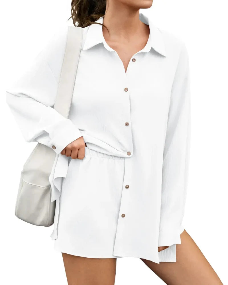 Women's Gauze Shirt & Shorts Set - 2-in-1 Oversized Beach Cover-Up Outfit