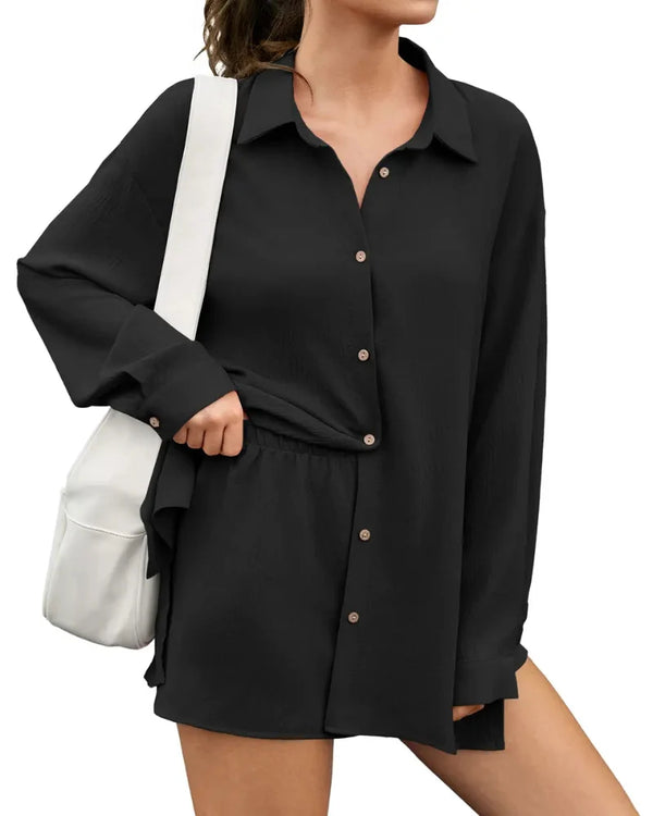 Women's Gauze Shirt & Shorts Set - 2-in-1 Oversized Beach Cover-Up Outfit
