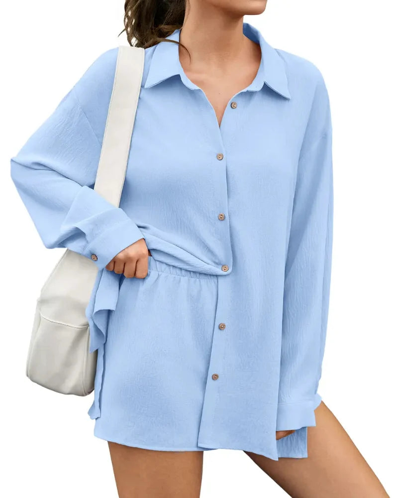 Women's Gauze Shirt & Shorts Set - 2-in-1 Oversized Beach Cover-Up Outfit