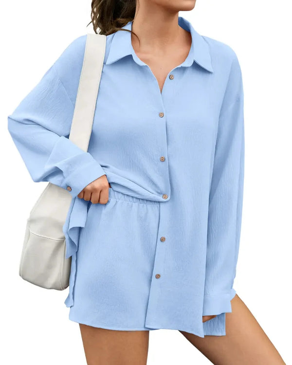 Women's Gauze Shirt & Shorts Set - 2-in-1 Oversized Beach Cover-Up Outfit