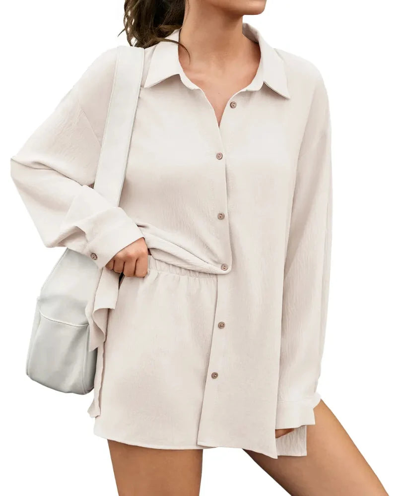 Women's Gauze Shirt & Shorts Set - 2-in-1 Oversized Beach Cover-Up Outfit