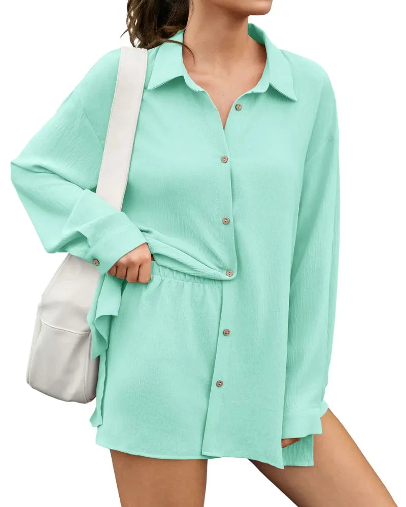 Women's Gauze Shirt & Shorts Set - 2-in-1 Oversized Beach Cover-Up Outfit